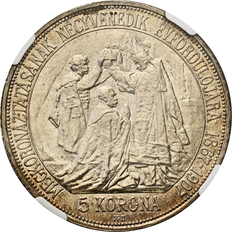 Węgry, Franciszek Józef I. 5 koron 1907 KB, Kremnica NGC MS64 (2 MAX) - Piękne